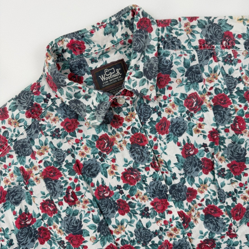 Vintage Woolrich Women Floral Rose Print Button Down Shirt Cotton Short Sleeve L